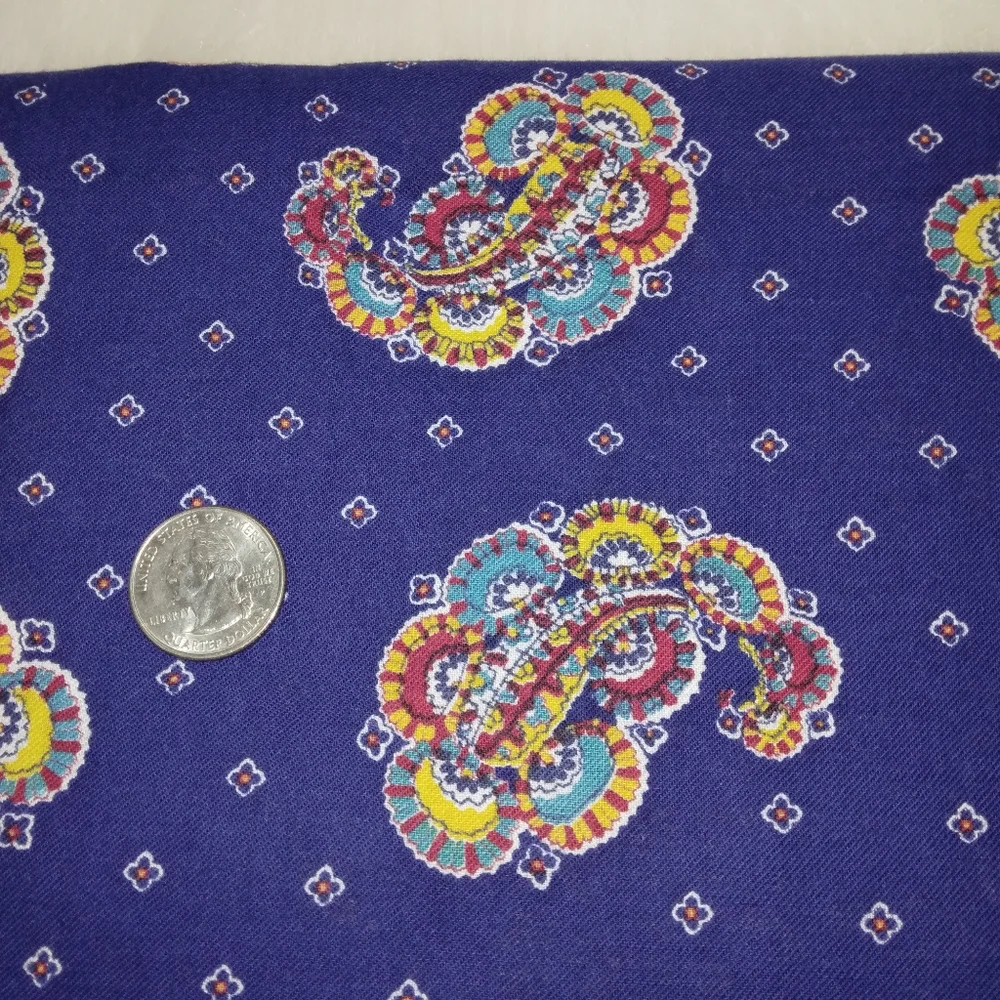 FABRIC 4 yards elaborate paisley on blue. Quarter for scale. Nice hand